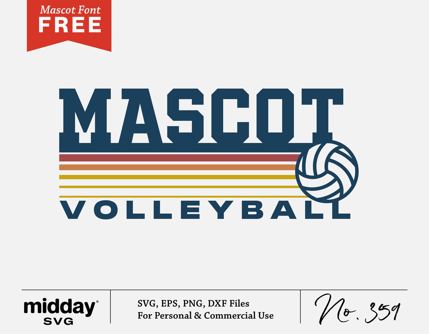 "Mascot Volleyball design SVG with free font download, featuring a volleyball and colorful stripes for Cricut and Silhouette projects"