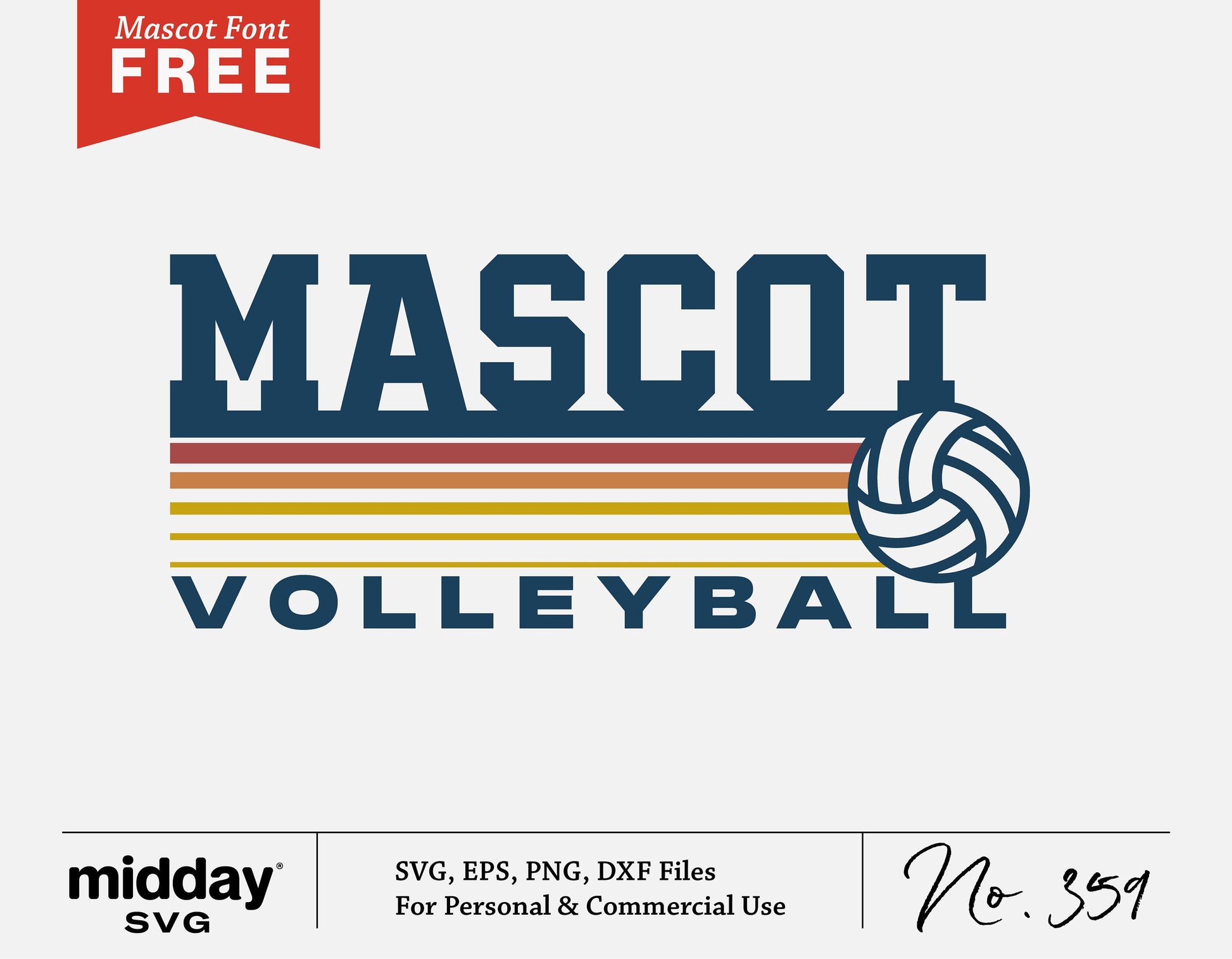 "Mascot Volleyball design SVG with free font download, featuring a volleyball and colorful stripes for Cricut and Silhouette projects"