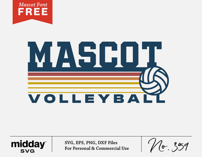 "Mascot Volleyball design SVG with free font download, featuring a volleyball and colorful stripes for Cricut and Silhouette projects"