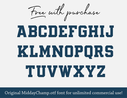 Bold alphabet letters A-Z displayed in MiddayChamp font style, free with purchase offer.