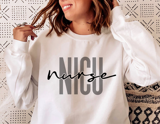 Woman wearing a sweatshirt with 'NICU Nurse' design, ideal for showcasing NICU pride and nurse-themed crafts for Cricut and Silhouette.