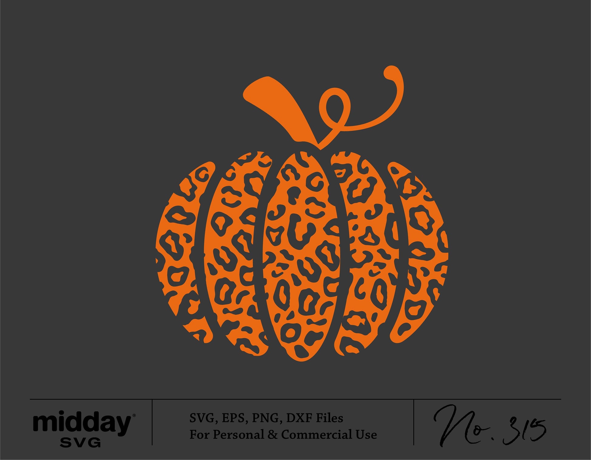 Leopard print pumpkin graphic in SVG format, perfect for Halloween and fall crafts. Includes SVG, EPS, PNG, and DXF files for creative use.