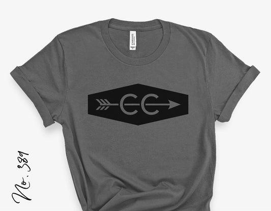 Gray t-shirt featuring a black cross country arrow design with 'CC' emblem, perfect for Silhouette and Cricut projects.