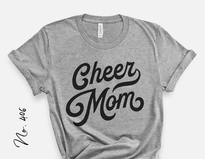 Gray t-shirt with 'Cheer Mom' in retro vintage lettering, ideal for cheerleader gift or game day apparel.