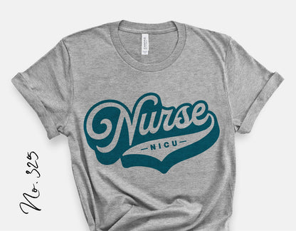 Gray t-shirt with retro style 'NICU Nurse' design in teal for hospital or medical-themed apparel, ideal for healthcare professionals.