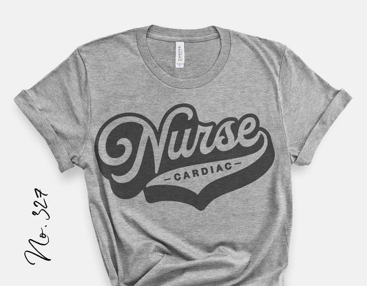 Gray t-shirt featuring a retro-style 'Cardiac Nurse' design in bold lettering, ideal for nurse-themed apparel and craft projects.