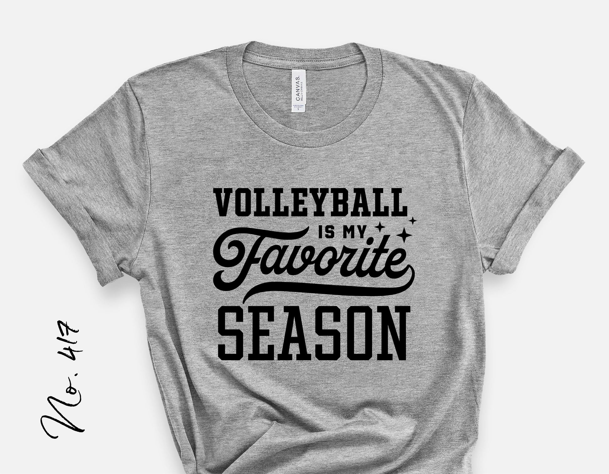 Gray T-shirt with 'Volleyball Is My Favorite Season' text design, suitable for Cricut and Silhouette crafts, sublimation, digital download.