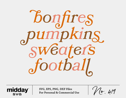 Bonfires, pumpkins, sweaters, football text design in autumn colors for fall-themed SVG, PNG, Cricut cut files, Thanksgiving, Halloween.