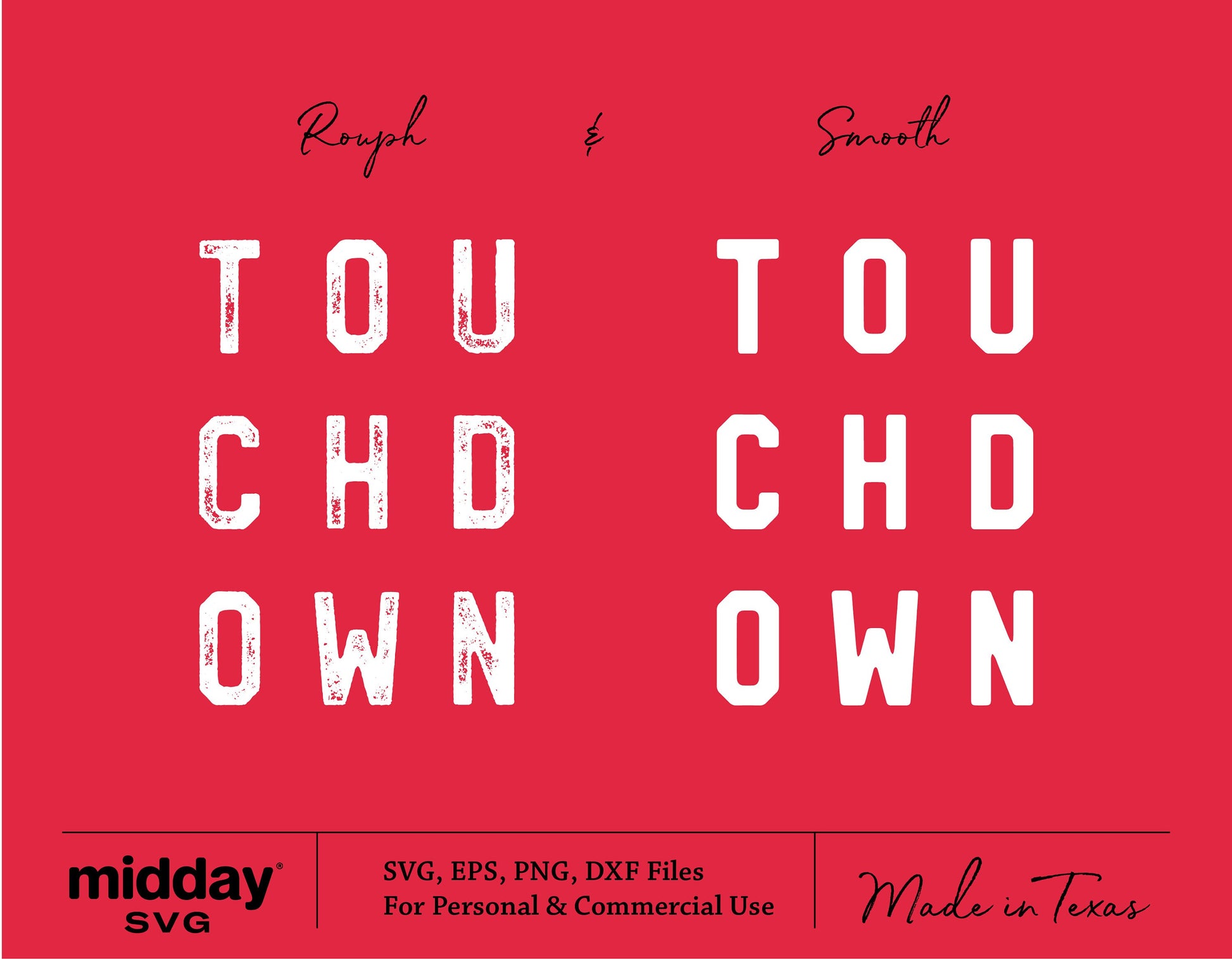 Red background showcasing 'Touchdown' in rough and smooth text styles with SVG, EPS, PNG, DXF formats for Cricut and Silhouette.
