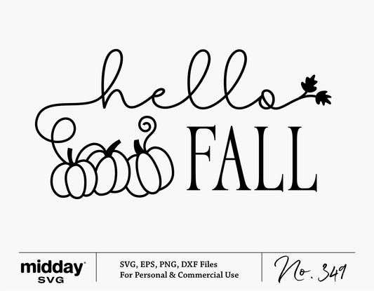 Decorative 'Hello Fall' sign SVG with pumpkins; perfect for Fall DIY projects, Cricut cutting, and autumn-themed decorations.