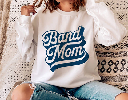 White Band Mom sweatshirt styled with blue jeans, perfect for school spirit and marching band enthusiasts, featuring bold lettering.