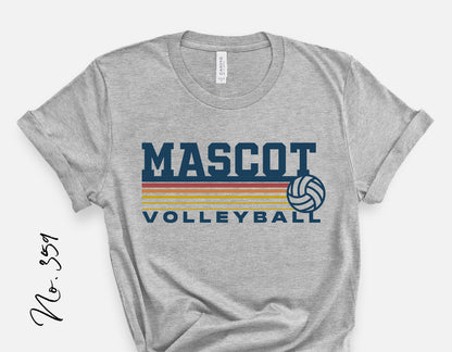 Gray t-shirt with 'Mascot Volleyball' text and a volleyball graphic, ideal for team spirit and sports enthusiasts.