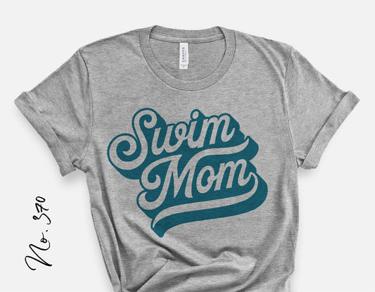 Gray t-shirt with 'Swim Mom' design in bold blue font, perfect for shirts, stickers, or hats, suitable for Cricut and Silhouette projects.