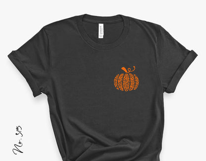 Black t-shirt featuring an orange leopard-patterned pumpkin design on the front, perfect for fall or Halloween.