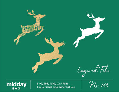 Layered Rudolph Reindeer SVG set with sweater design and silhouette, perfect for Christmas crafts and ornaments using Cricut and Silhouette.