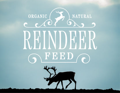 Silhouette of reindeer with "Organic Natural Reindeer Feed" text overlay against cloudy sky background.