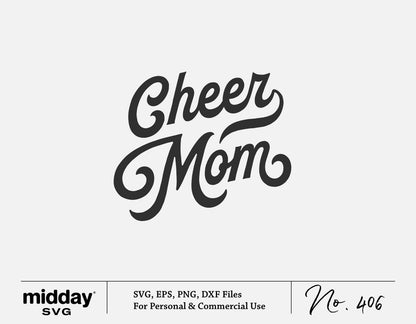 Retro vintage 'Cheer Mom' lettering SVG cut file for Cricut and Silhouette, available in PNG, DXF, and EPS for crafts and sublimation.