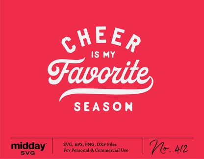 Cheer is My Favorite Season SVG design on red background for shirts and crafts, includes SVG, EPS, PNG, and DXF files.