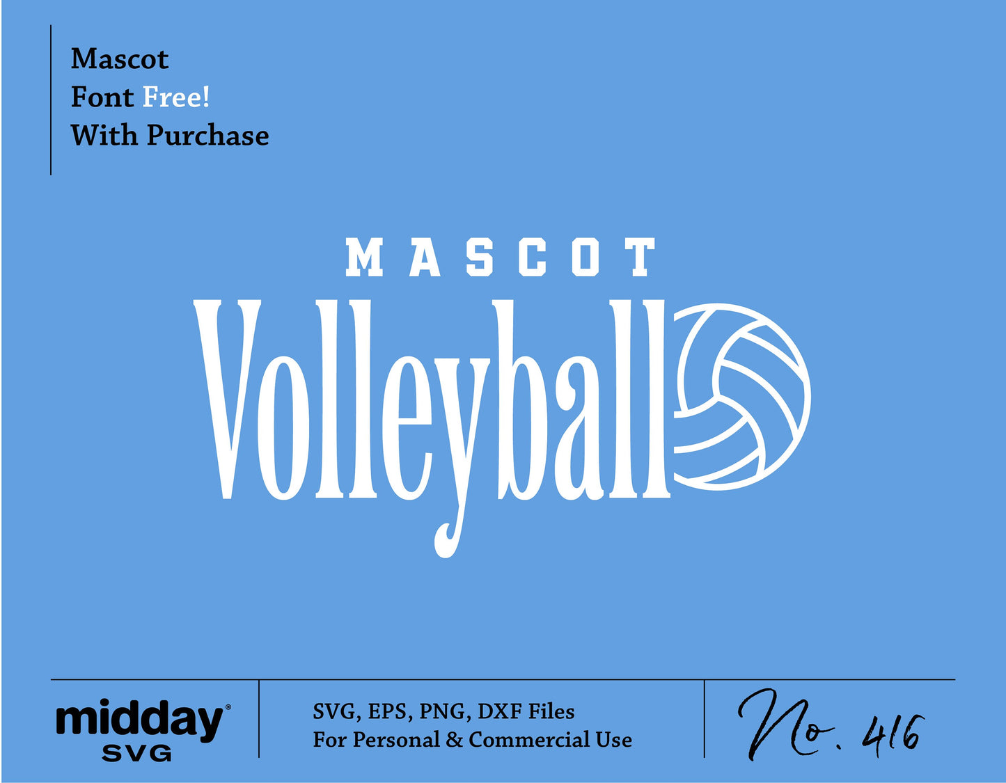 Volleyball team logo SVG template in blue with 'Mascot Volleyball', includes SVG, EPS, PNG, DXF for personal and commercial use.