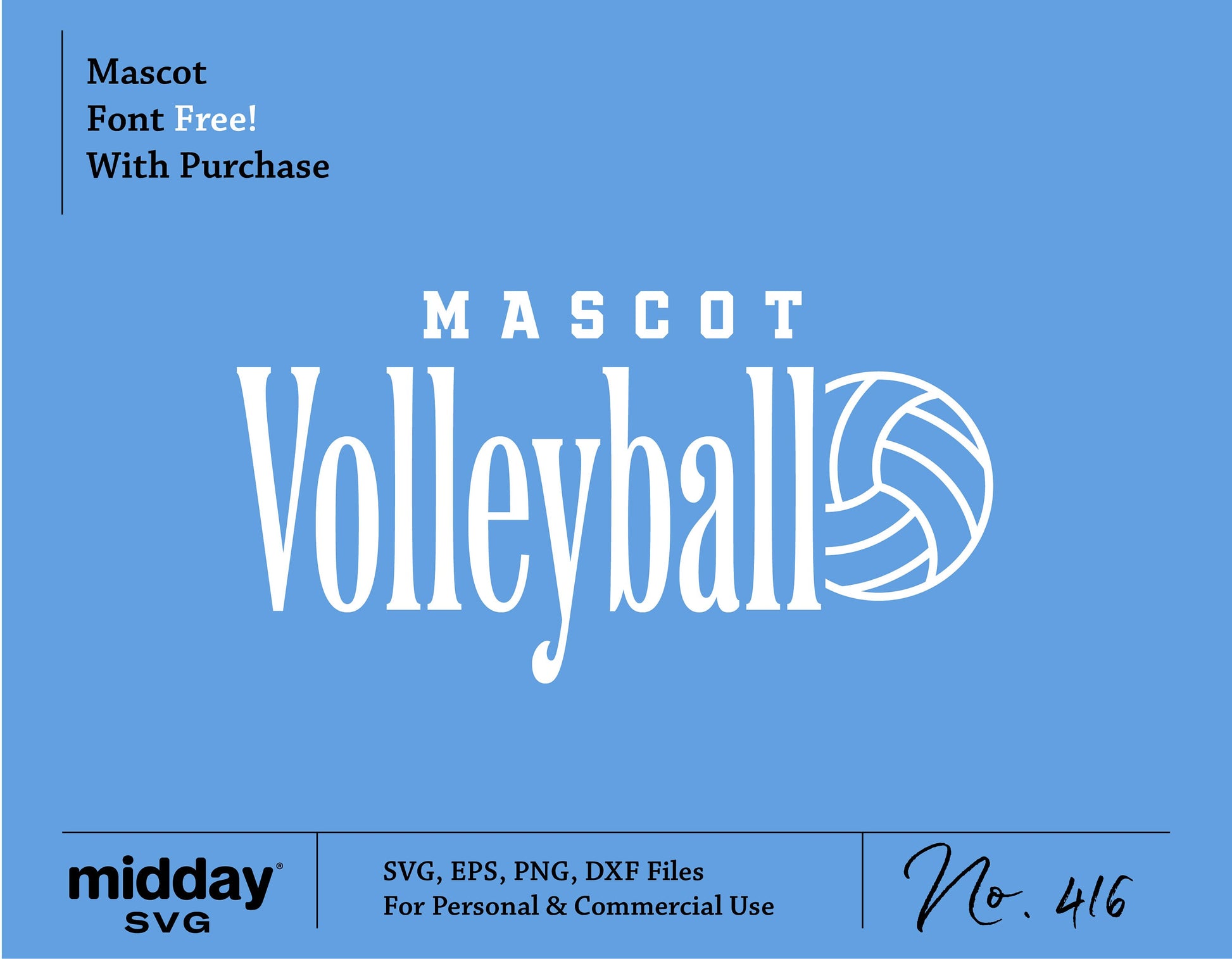 Volleyball team logo SVG template in blue with 'Mascot Volleyball', includes SVG, EPS, PNG, DXF for personal and commercial use.