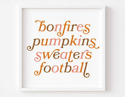 Framed autumn-themed SVG print with words: bonfires, pumpkins, sweaters, football, perfect for fall decor and Cricut projects.