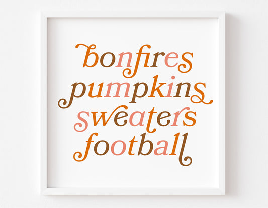 Framed autumn-themed SVG print with words: bonfires, pumpkins, sweaters, football, perfect for fall decor and Cricut projects.