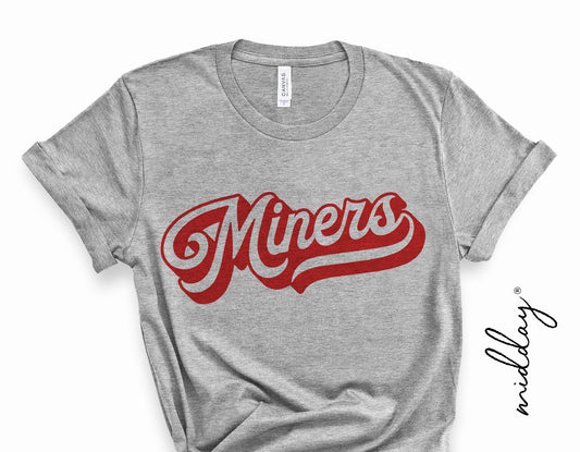 Gray t-shirt with retro red 'Miners' script, showcasing school spirit and athletic pride; perfect for Cricut cut file projects.