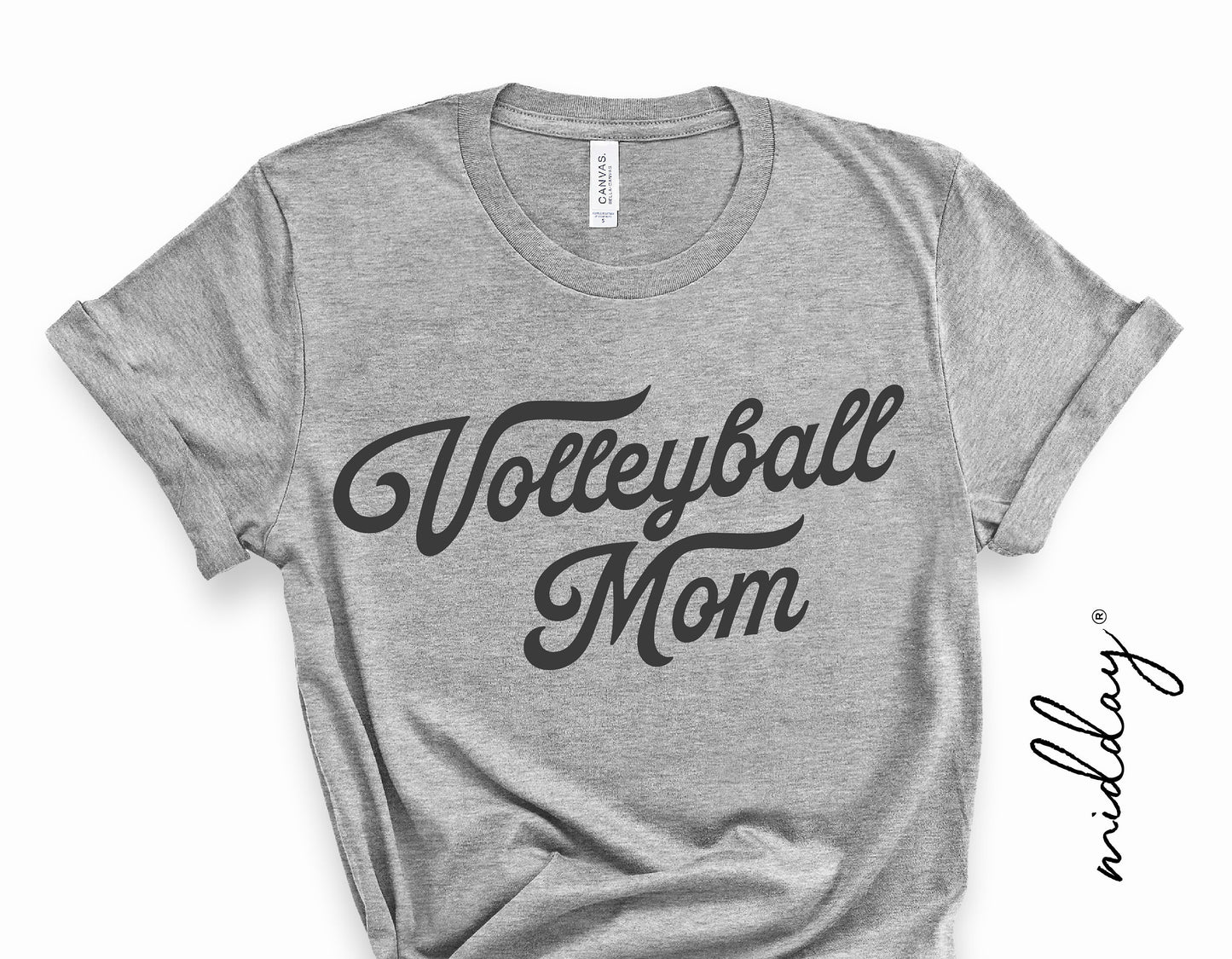 Gray vintage style t-shirt with 'Volleyball Mom' printed in bold script letters.