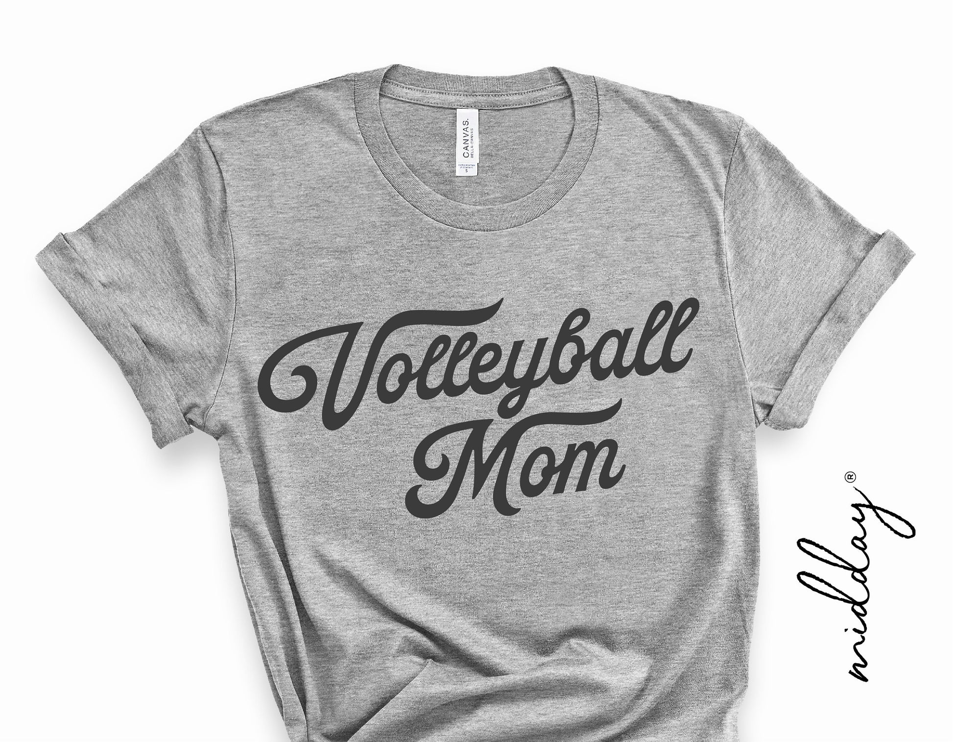 Gray vintage style t-shirt with 'Volleyball Mom' printed in bold script letters.