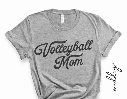 Gray vintage style t-shirt with 'Volleyball Mom' printed in bold script letters.