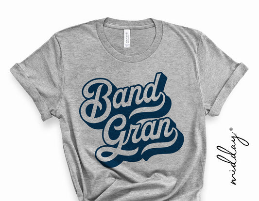 Gray Band Gran t-shirt with bold lettering for marching band enthusiasts, featuring School Spirit and sports design. Ideal for Cricut projects.