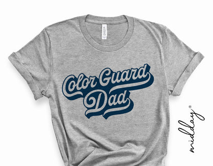 Gray t-shirt with 'Color Guard Dad' design, ideal for marching band enthusiasts and school spirit displays, in SVG and PNG formats.