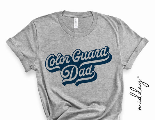 Gray t-shirt with 'Color Guard Dad' design, ideal for marching band enthusiasts and school spirit displays, in SVG and PNG formats.