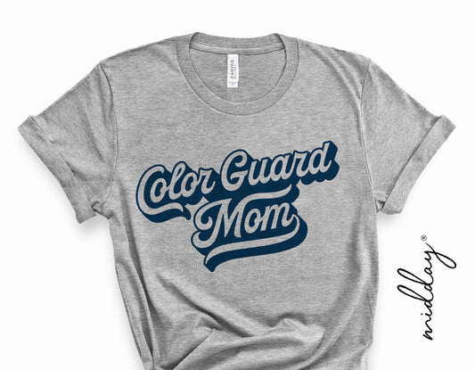 Gray sweatshirt with 'Color Guard Mom' design in bold script, ideal for marching band enthusiasts and school spirit, includes SVG cut file.