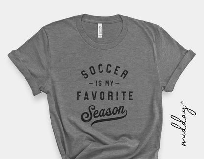 Gray t-shirt with 'Soccer is My Favorite Season' design for soccer enthusiasts.