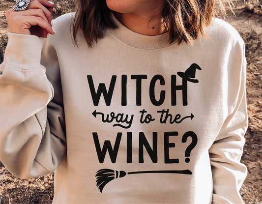 Woman wearing Funny Halloween Witch Way To The Wine shirt, perfect for fall with SVG, PNG sublimation design.