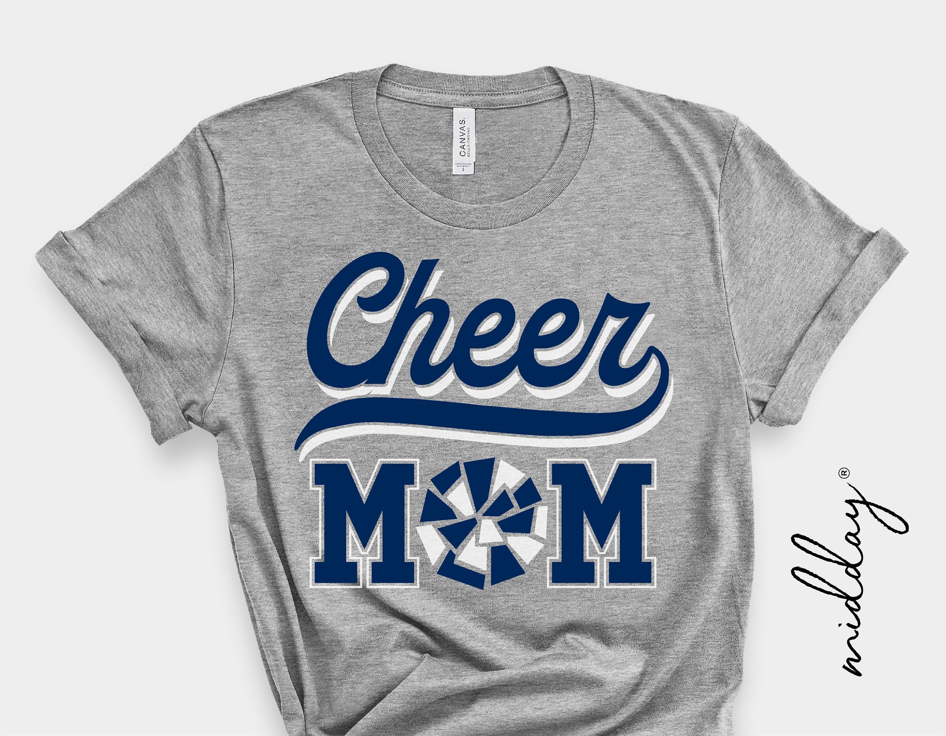 Gray t-shirt with 'Cheer Mom' text and pom-pom graphic, ideal for cheerleading supporters and sports enthusiasts.