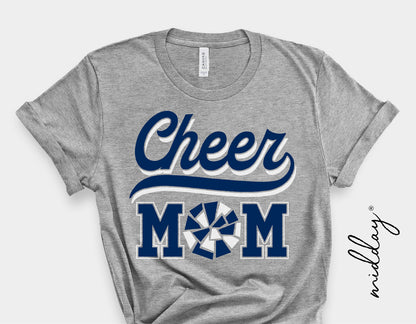 Gray t-shirt with 'Cheer Mom' text and pom-pom graphic, ideal for cheerleading supporters and sports enthusiasts.