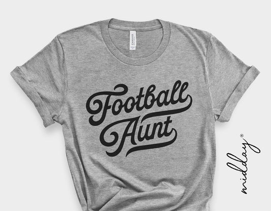 Gray t-shirt with black 'Football Aunt' text design, perfect for family football fans.