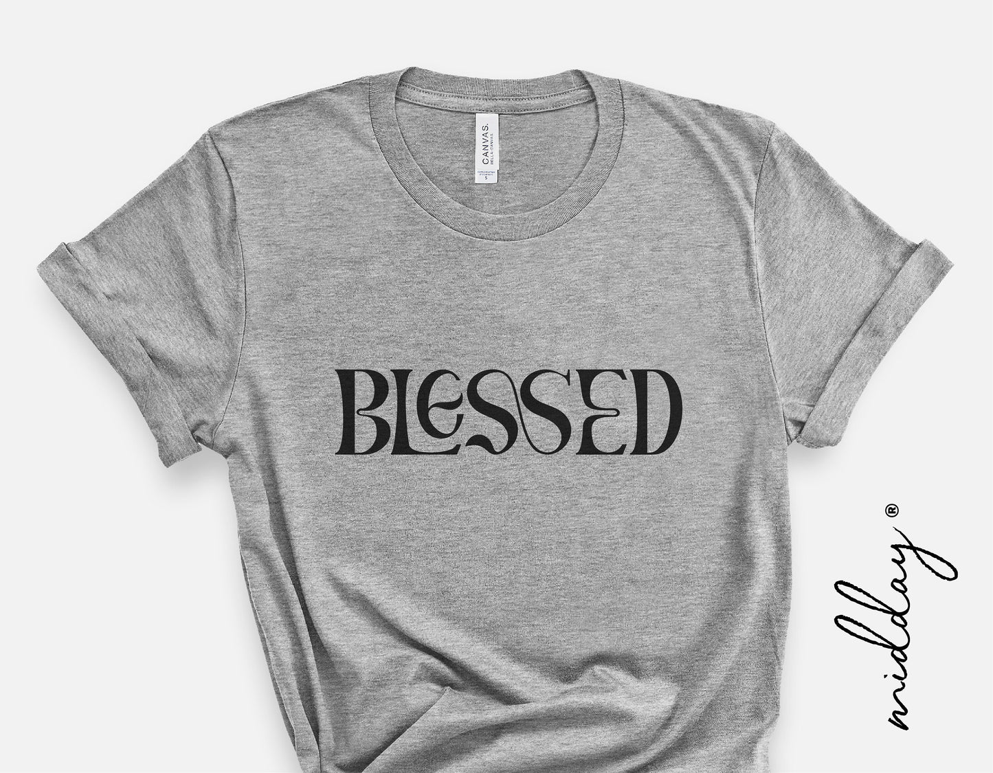 Gray t-shirt with 'Blessed' printed in black text, digital download design for Cricut and Silhouette cutting machines.