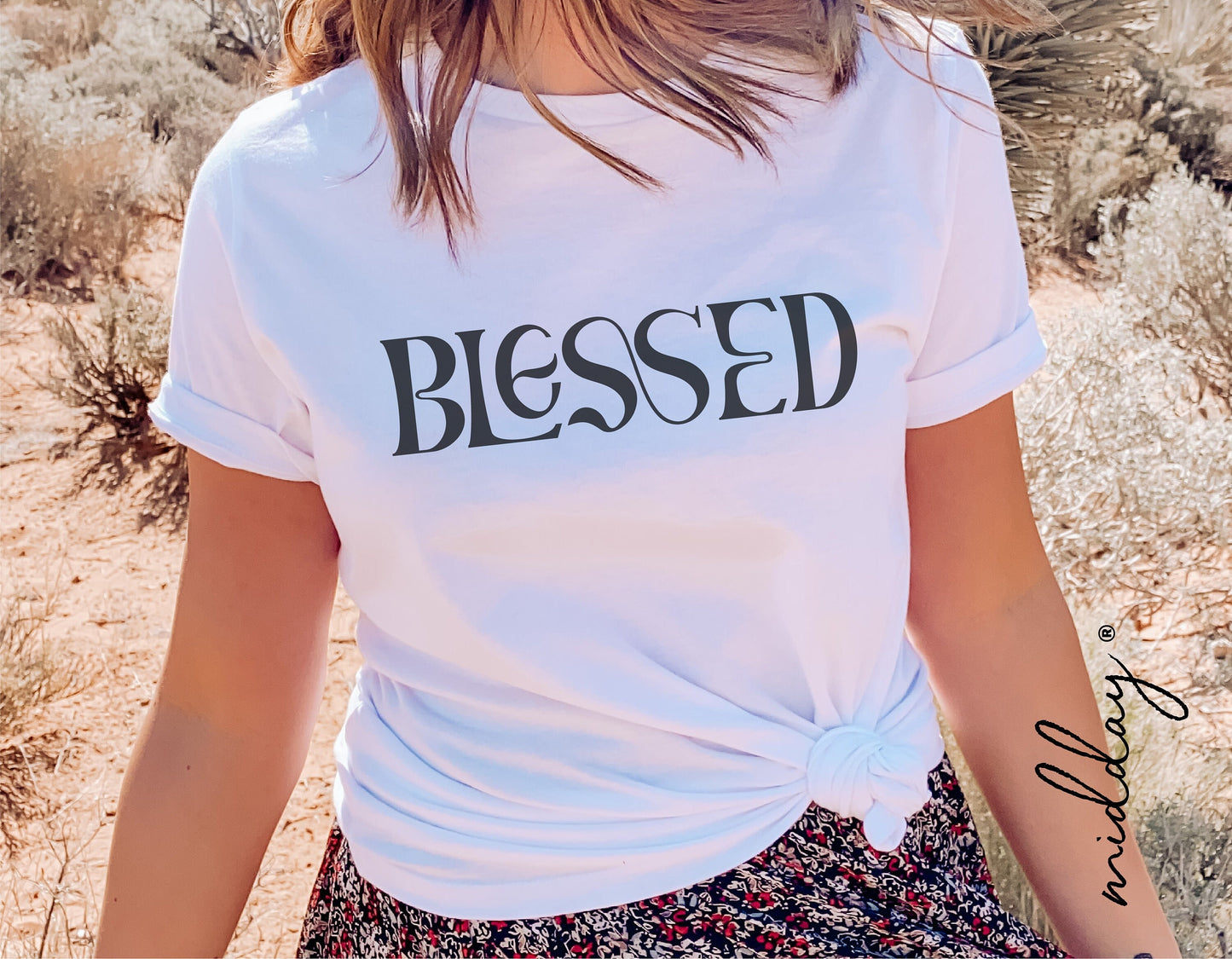 Woman wearing a white t-shirt with 'Blessed' design, Christian Svg for Cricut cutting files.