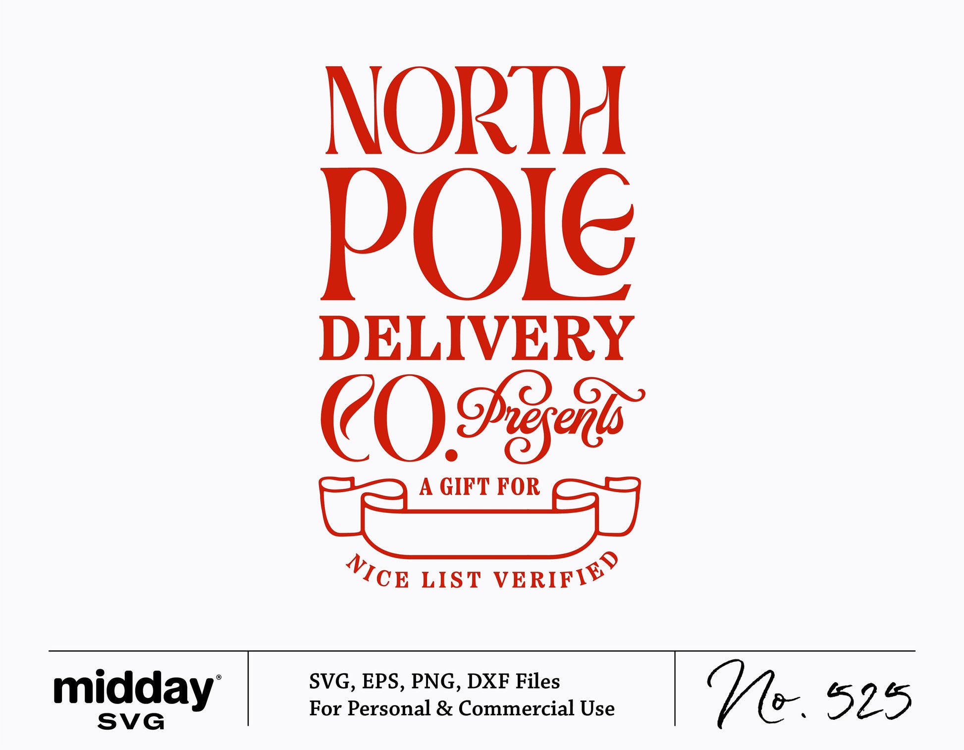 North Pole Delivery SVG design for Christmas gift tags, featuring festive red typography and ribbon, available in SVG, EPS, PNG, DXF formats.