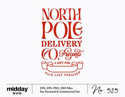 North Pole Delivery SVG design for Christmas gift tags, featuring festive red typography and ribbon, available in SVG, EPS, PNG, DXF formats.