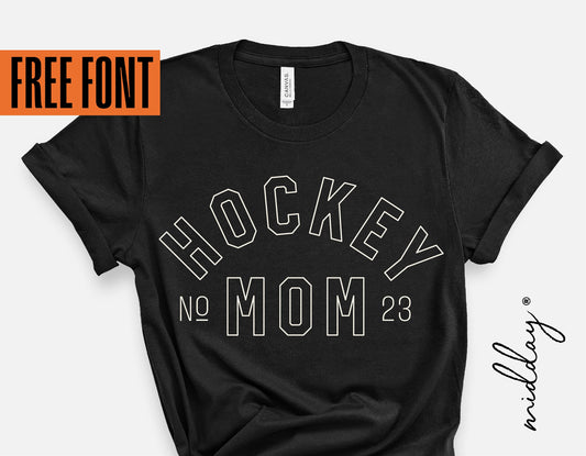 Black t-shirt featuring 'Hockey Mom' design with free font offer, perfect for Cricut and Silhouette crafting projects.