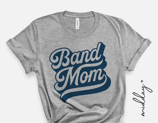 Gray band mom t-shirt with blue script design, ideal for marching band fan outfits and school spirit occasions.