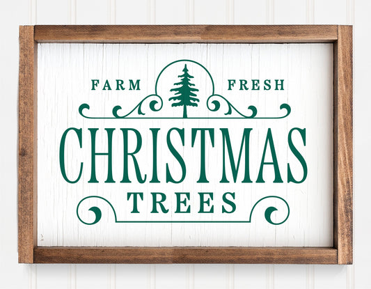 Farm Fresh Christmas Trees SVG design in wooden frame, perfect for holiday ornaments and decorations, compatible with Cricut and Silhouette.
