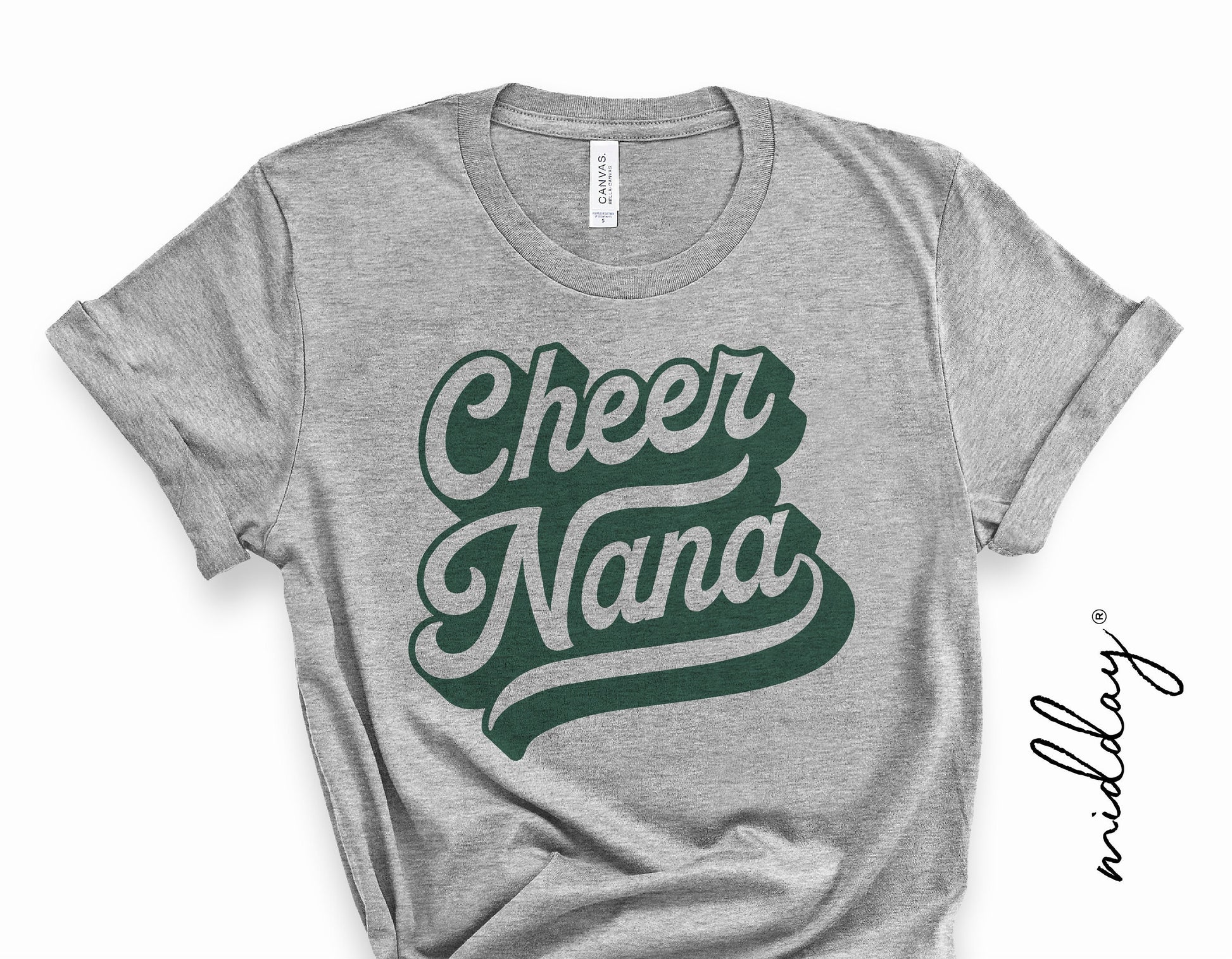 Gray t-shirt featuring Cheer Nana design, ideal for cheerleading grandmothers, perfect for Cricut and Silhouette projects.