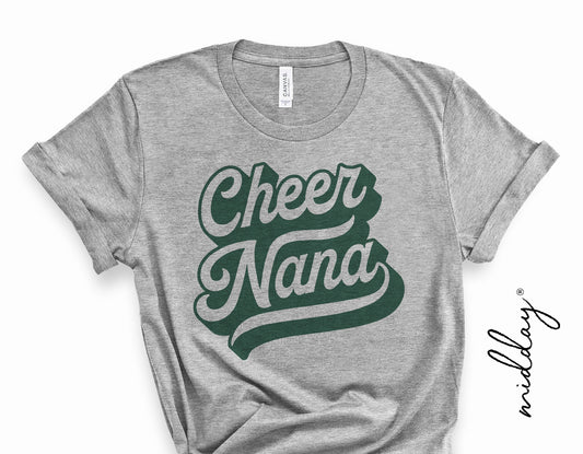 Gray t-shirt featuring Cheer Nana design, ideal for cheerleading grandmothers, perfect for Cricut and Silhouette projects.