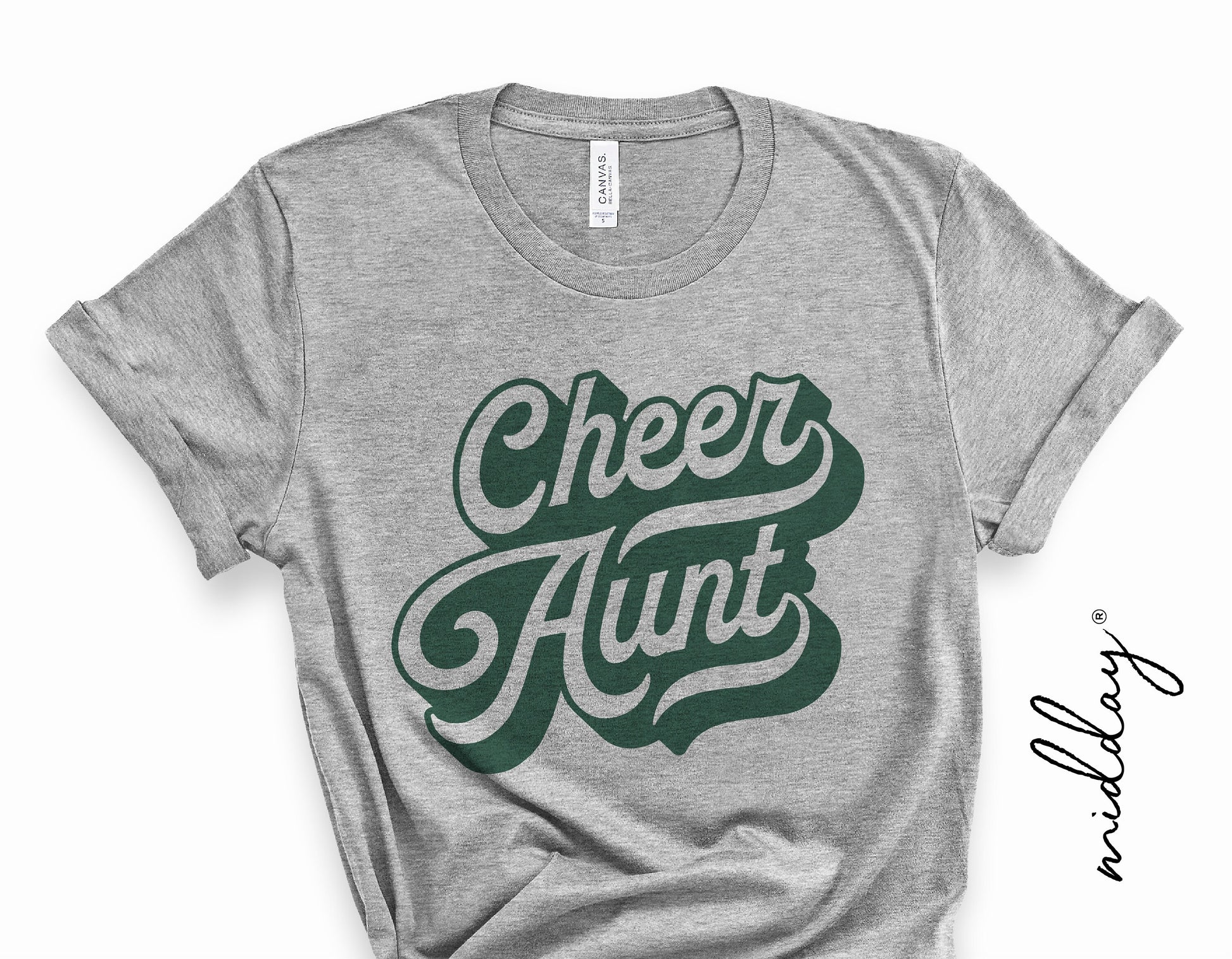 Gray t-shirt featuring 'Cheer Aunt' design in green font, perfect for cheer team spirit and Cricut crafts.