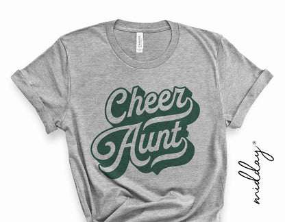 Gray t-shirt featuring 'Cheer Aunt' design in green font, perfect for cheer team spirit and Cricut crafts.
